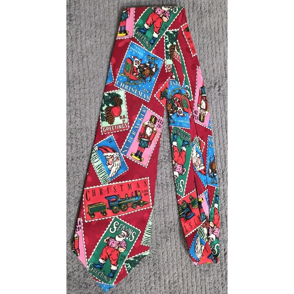 Vintage 1991 Addiction‎ Holiday Christmas Silk Tie Necktie Santa Red Post Cards